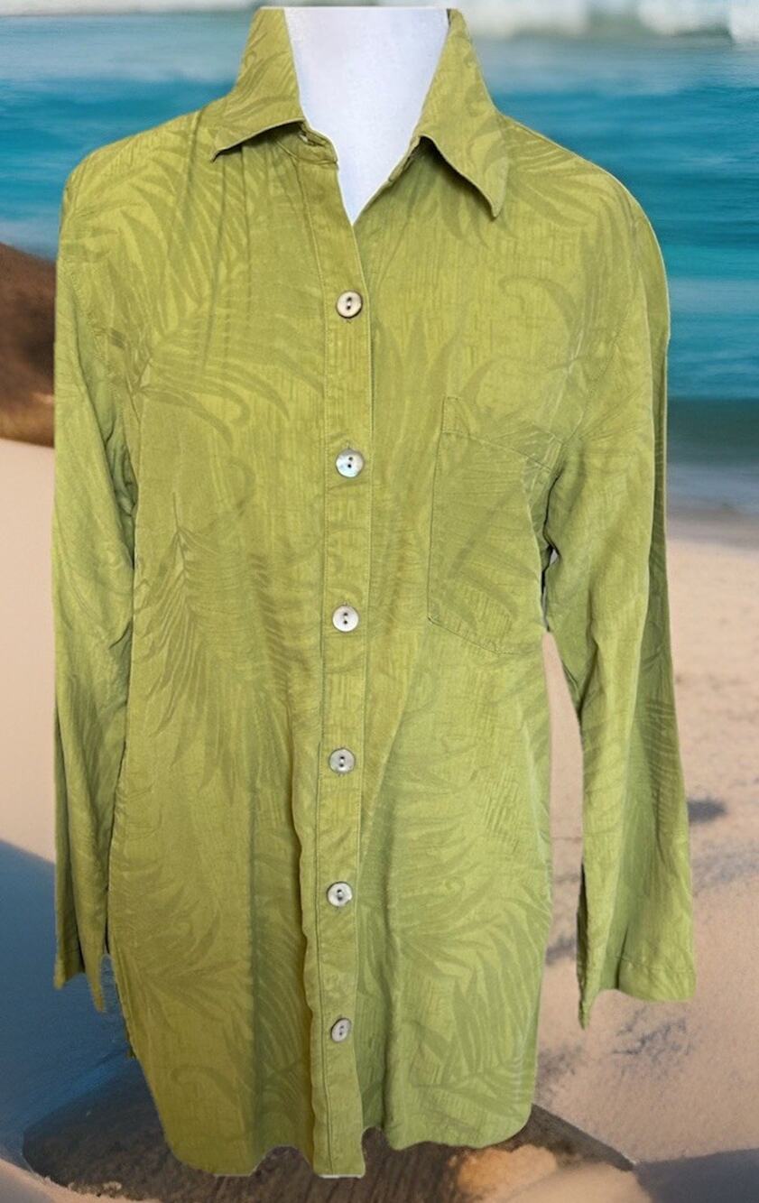 Chicos Silk Blouse Green Tropical Textured Tunic Top Resort Hawaiian Palms Sz 0